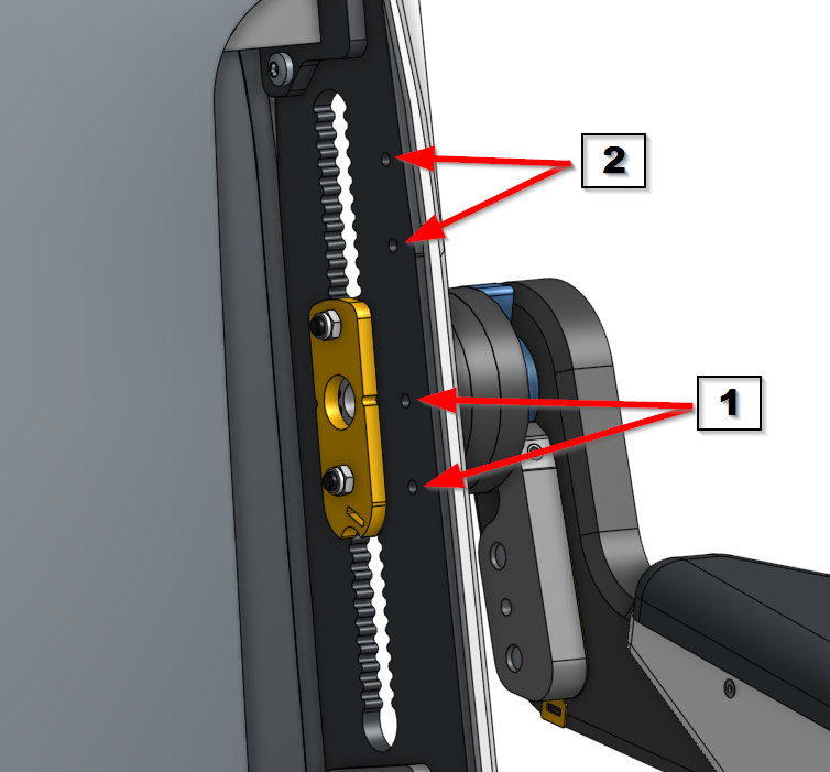 Mounting holes for back cushion holders (two initial heights): Lower fastening option (1) and upper fastening option (2)