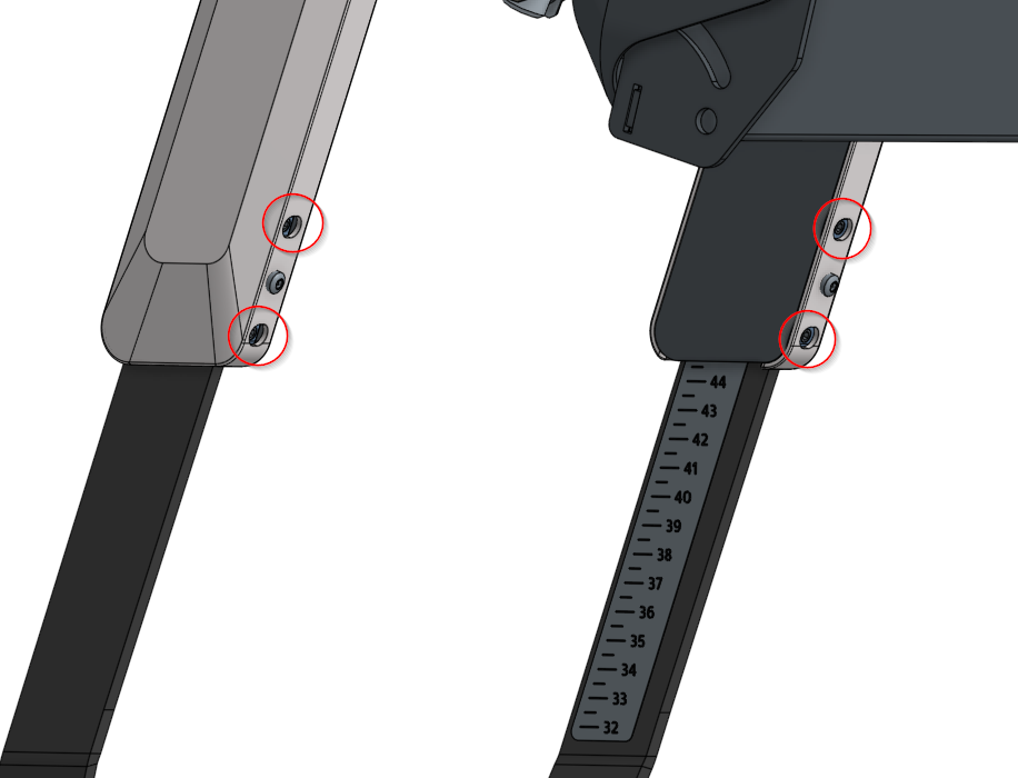Set screws to adjust the length of the leg supports